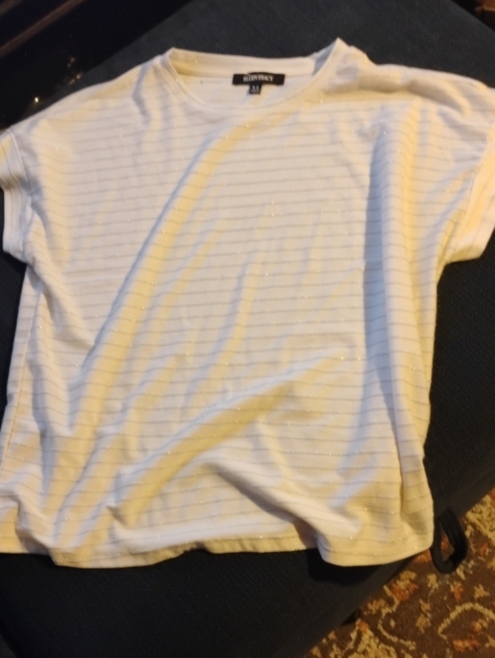 Ellen Tracy White Short Sleeve Tee with Subtle Silver Sparkle Stripes